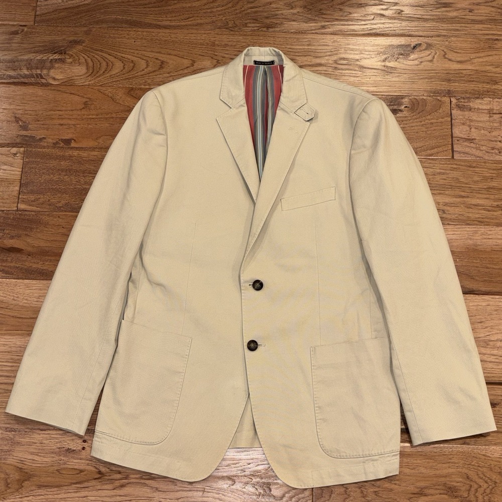 Flynt Bueller Beige Stretch Cotton Sport Coat Blazer Jacket Sz 42R Stripe Lining